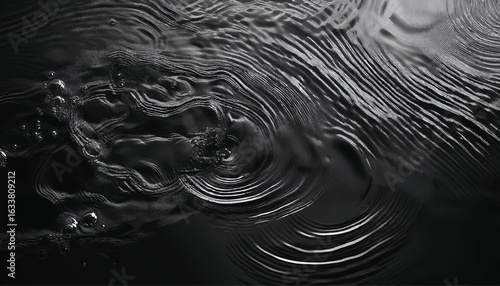 Water black surface abstract background. Waves and ripples texture of cosmetic aqua moisturizer with bubbles. Abstract image with beautiful highlights for your creative design or stylish illustrations