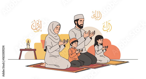 Family Praying Together During Ramadan Holy Month Islamic Religion Tradition