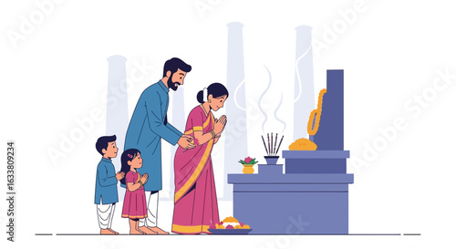 Family Praying Together During Diwali Festival Celebrations At The Temple