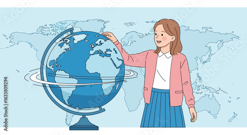 Enthusiastic Student Discovering Geography Concepts On A Globe World Map