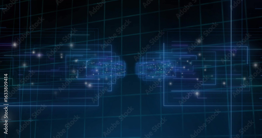 Fototapeta premium Displaying two symmetrical data clusters flowing in virtual network, with neon-blue circuit lines