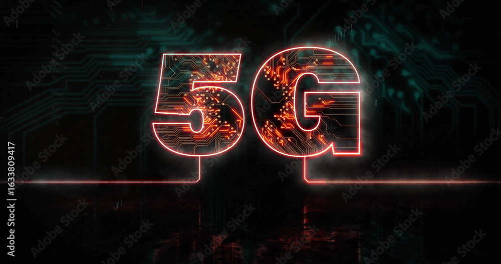 Obraz premium Showcasing glowing neon 5G text illuminating dark digital circuit board, with horizontal neon lines