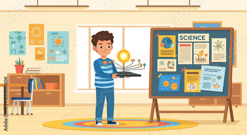 Enthusiastic Student Presents Solar System Model At Elementary Science Fair