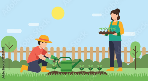 Family Teamwork In Vegetable Garden Cultivating Together Planting Young Seedlings