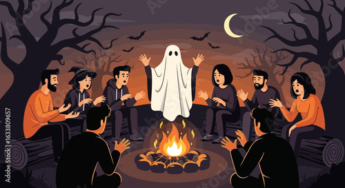 Eerie Halloween Night Gathering Around Campfire With Ghost Storytelling Session
