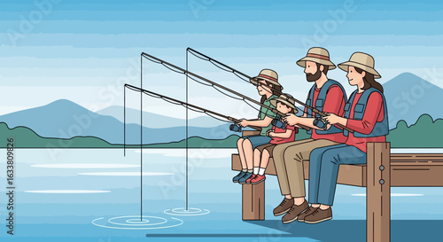 Family Together Enjoying Fishing On The Dock Summer Time Activity