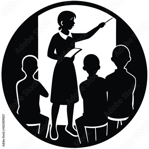 A teacher Teaching students in a school, Teacher and students in classroom silhouette learning illustration, Mother teaching child silhouette vector illustration, Silhouettes of teachers and students.