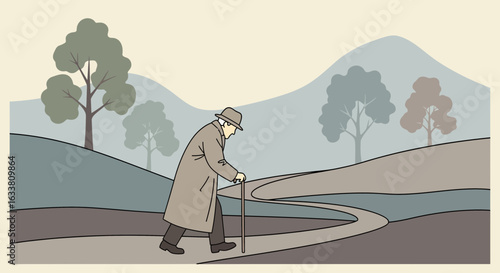 Elderly Gentleman Taking Stroll In Serene Landscape Illustration With Walking Stick