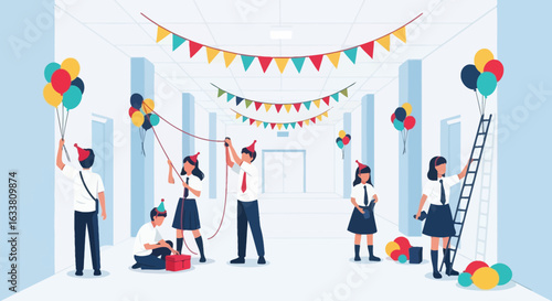 Enthusiastic Students Decorating School Hallway For Celebration With Balloons And Bunting