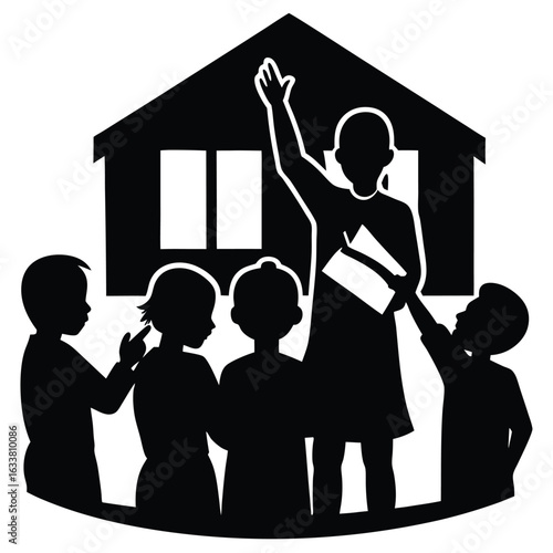 A teacher Teaching students in a school, Teacher and students in classroom silhouette learning illustration, Mother teaching child silhouette vector illustration, Silhouettes of teachers and students.