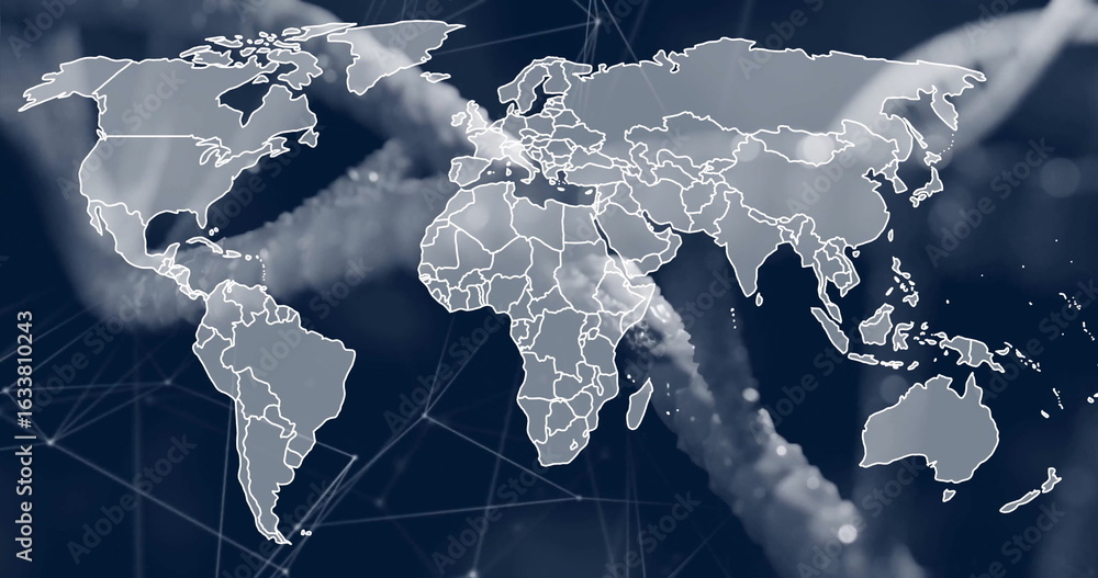 Fototapeta premium Displaying white map outline on digital interface, with blurred ropes, glowing network lines, nodes