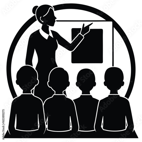 A teacher Teaching students in a school, Teacher and students in classroom silhouette learning illustration, Mother teaching child silhouette vector illustration, Silhouettes of teachers and students.