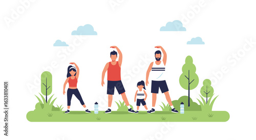 Family Workout In Nature Practicing Yoga And Stretching Outdoors At Park