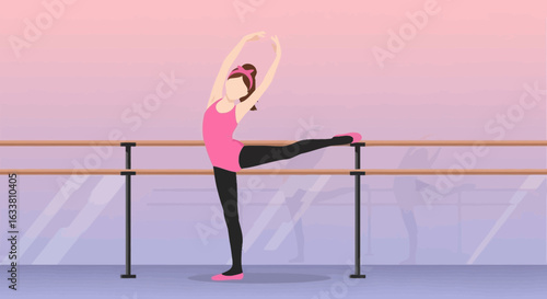 Elegant Ballerina Warming Up At Ballet Barre For Training And Performance