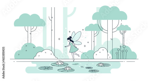 Fantasy Forest Scene With Fairy Skimming Across Lily Pads Illustration