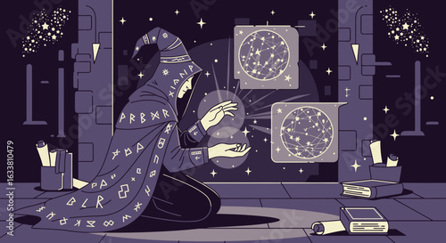 Fantasy Wizard Casting Spells In Magic Room Using Stars And Runes Illustration