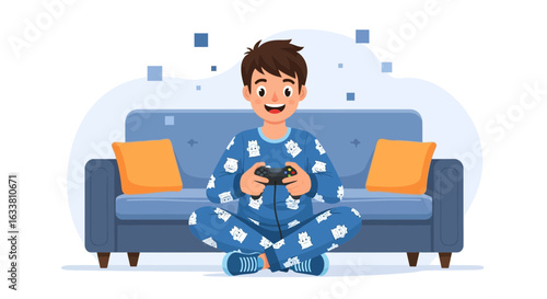 Enthusiastic Young Boy Enjoys Playing Video Games at Home on the Couch