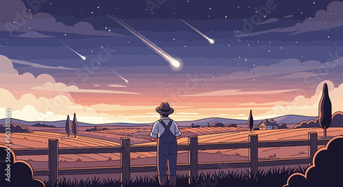 Farmer Watches A Meteor Shower On A Peaceful Evening In The Countryside