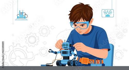 Enthusiastic Young Engineer Constructing Robot In His Workshop At Home