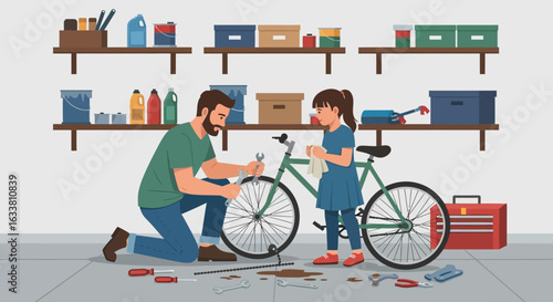 Father And Daughter Engaging Together In Bicycle Maintenance At Home Garage