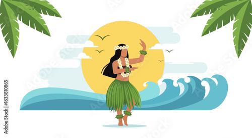 Elegant Hula Dancer Performing At Tropical Beach During Sunset Backdrop