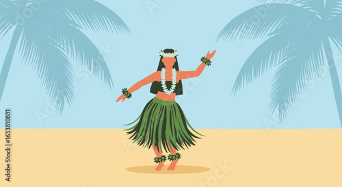 Elegant Hula Dancer Performing Traditional Hawaiian Dance On Sandy Beach