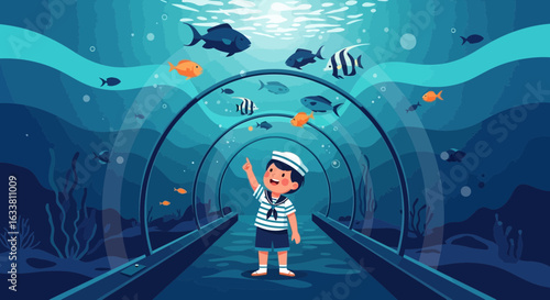 Enthusiastic Young Explorer Gazing At Aquatic Life In Underwater Tunnel