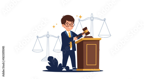 Enthusiastic Young Lawyer Cartoon Character Delivering Justice In The Courtroom