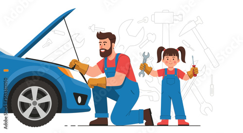 Father And Daughter Repairing Car Together Bonding Over Mechanical Skills