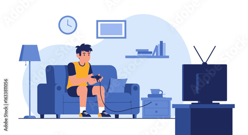 Enthusiastic Young Man Immersed In Virtual Gaming From Comfort of Living Room