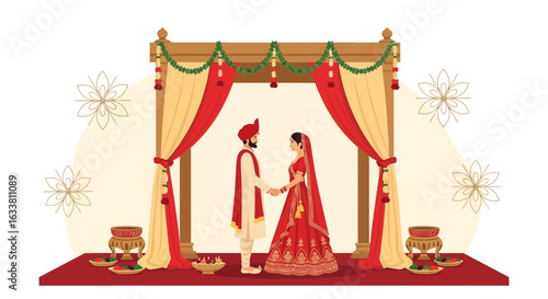 Elegant Indian Wedding Scene With Decorated Mandap And Couple Holding Hands