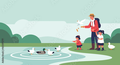 Father And Daughters Feeding Ducks By The Lake During A Family Trip