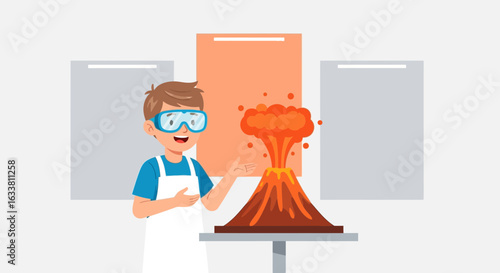 Enthusiastic Young Scientist Demonstrating Volcano Experiment with Protective Safety Goggles