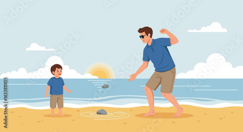 Father And Son Enjoying The Beach Tossing Rocks Into The Sea Together