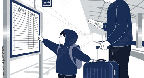 Father And Son Viewing Train Schedule At Station On Their Journey Together