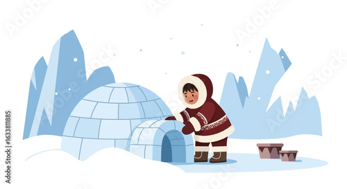 Eskimo Child Builds an Igloo on a Snowy Day in the Arctic