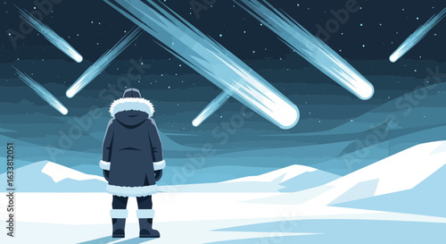 Eskimo Watching Falling Comets Shower Over A Snowy Landscape Of Polar Night