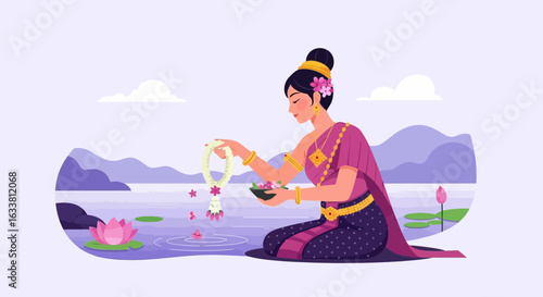 Elegant Thai Lady Offering Garland And Petals In River For Celebration