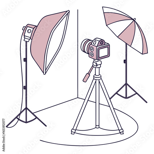 Studio Photography Setup: DSLR Camera on Tripod with Softbox and Umbrella Lighting