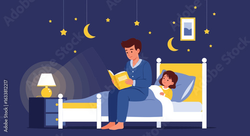 Father Reading Story At Bedtime With Little Girl Under Stars And Moon