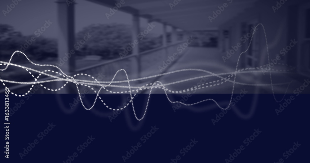 Fototapeta premium Displaying abstract white waveforms overlaying balcony, with support columns and metal railing