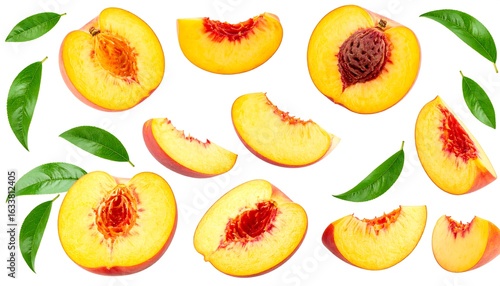 Juicy peach halves and slices with leaves, isolated on white
