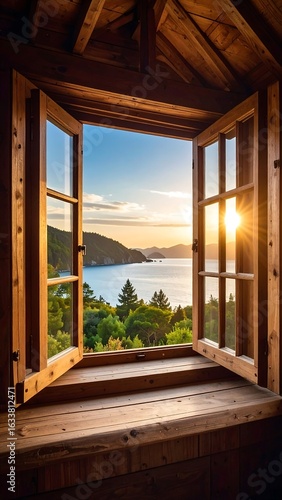 Scenic view from wooden window at sunset