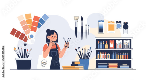 Female Artist Considering Her Color Palette And Brushes In A Bright Studio