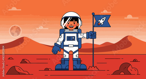 Female Astronaut Proudly Planting Rocket Flag On Mars Surface Scene