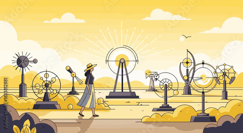 Elegant Woman Discovering Kinetic Sculptures In A Sunny Abstract Environment