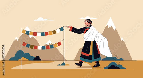 Female In Traditional Dress Hanging Prayer Flags In Mountainous Landscape