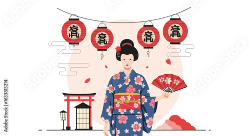 Elegant Woman In Kimono Holding Fan With Japanese Decoration Background