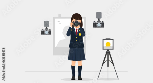 Female Student Capturing Images With Camera In Professionnal Photographic Studio
