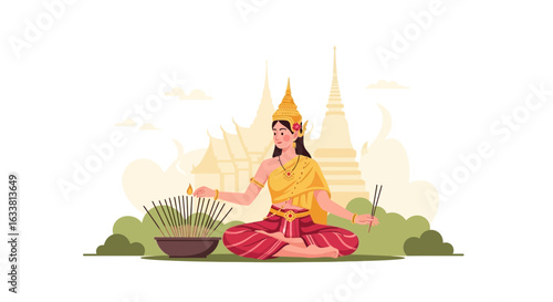 Elegant Woman Lighting Incense Sticks Before Temple, Thai Tradition